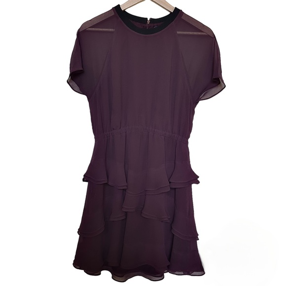 Madewell Tiered Ruffle Short Sleeve Chiffon Radiant Plum Mini Party Dress Size 8 - Picture 4 of 6